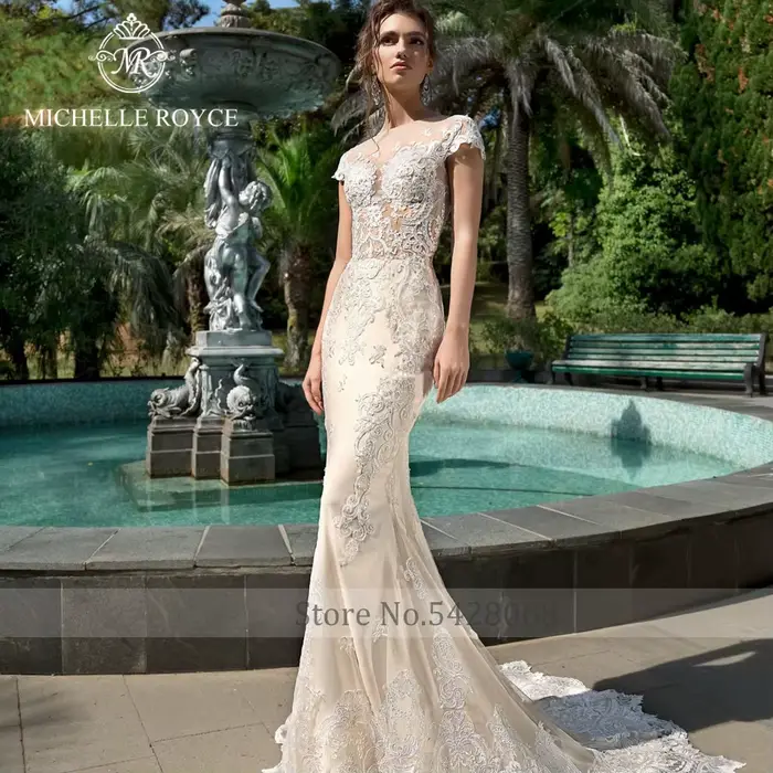 Robe de mariée Michelle Royce moderne avec train détachable, décolleté cuillère, broderie et dentelle, pour femmes enceintes et occasions spéciales