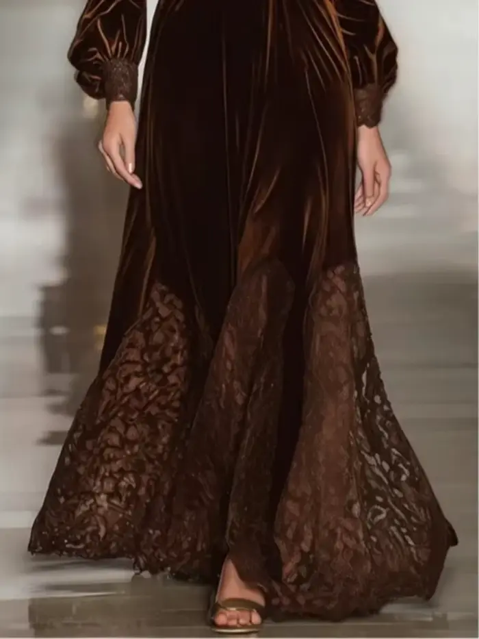 Robe longue en velours vintage élégante avec ourlet en dentelle pour femmes, style ligne U, pour soirées et événements printemps automne