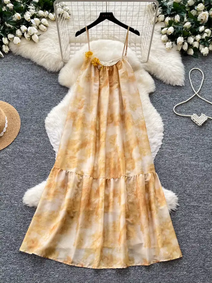 Robe longue élégante jaune style vacances à la française, col halter ombré, taille haute, pour femme