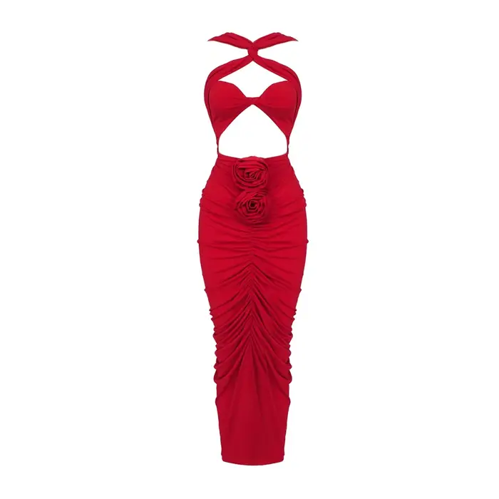 Robe de soirée longue drapée sans manches pour femmes, dos nu, motif floral 3D, Sexy