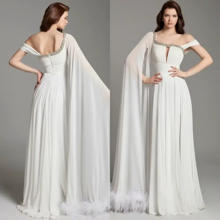 Robe de soirée en mousseline de soie blanche personnalisée asymétrique épaule dénudée pour femmes occasions spéciales soirée de gala mariage prom