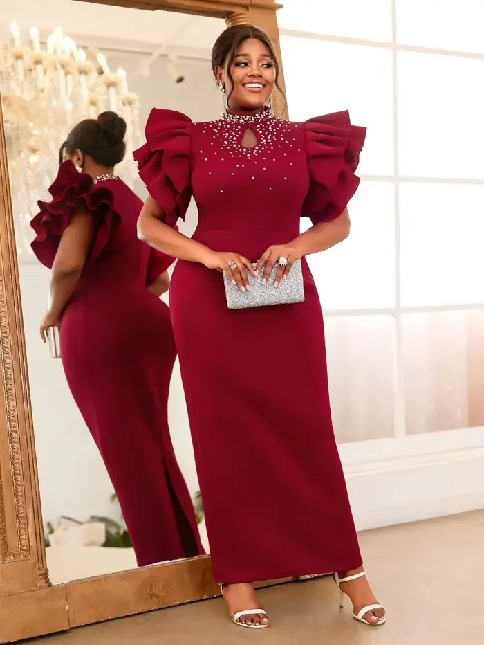 Robe d'invitée de mariage personnalisée en polyester et élasthanne avec perles et volants pour femmes, style sexy et club, idéale pour les mariages, anniversaires, bal et soirées romantiques