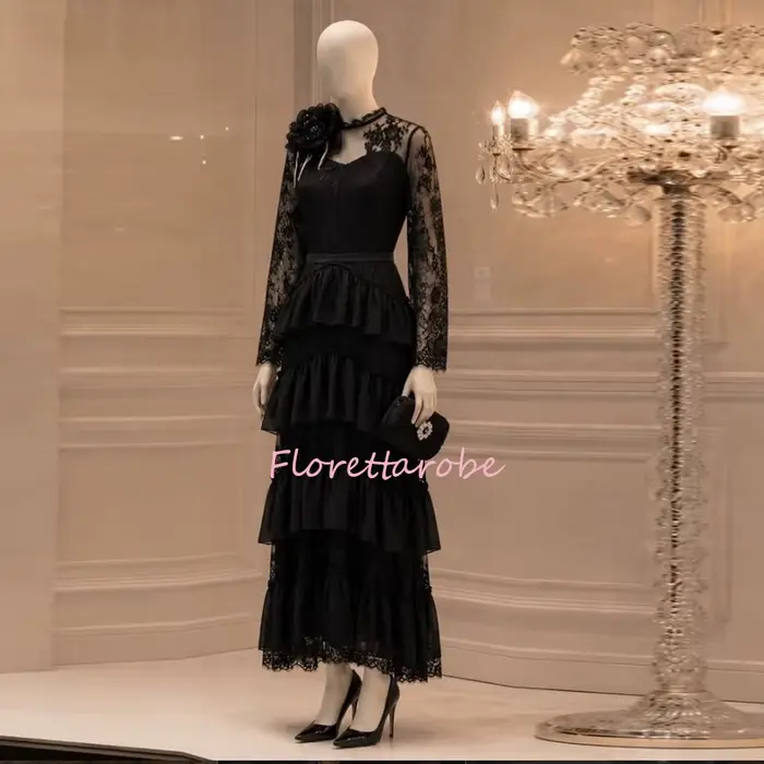 Robes de soirée vintage en dentelle noire pour femmes, coupe trapèze, manches longues, à volants, pe