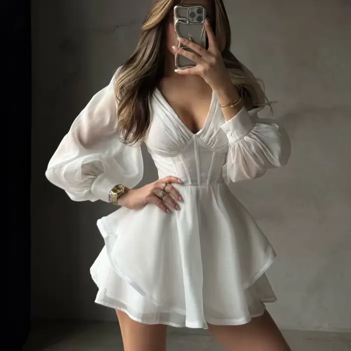 Robe Courte Élégante Blanche en Mousseline pour Femme
