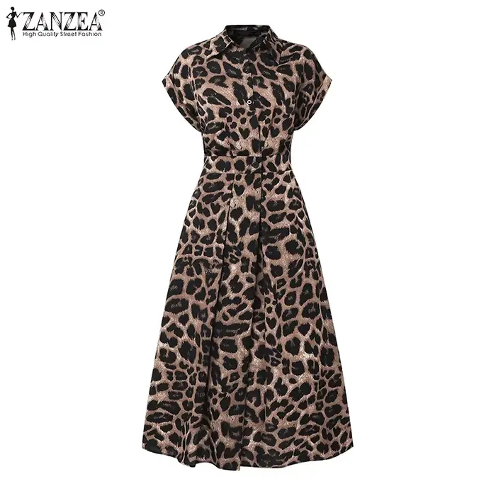 2025 été imprimé léopard robes ZANZEA femmes Maxi Robe longue revers cou à manches courtes travail r