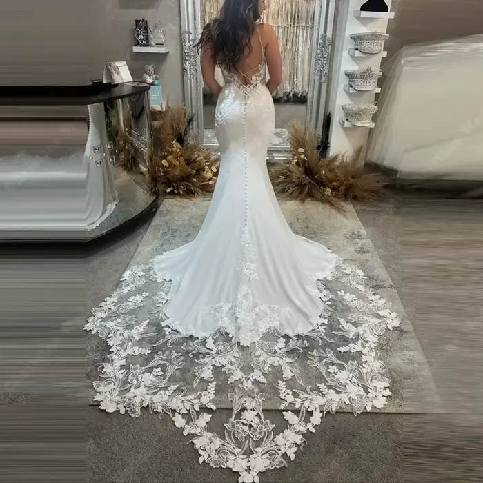 Femmes élégantes Robes De mariée Sexy col en v dentelle impression