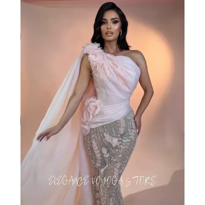 Robe de soirée rose EVS asymétrique à une épaule