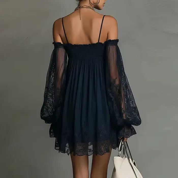 Robe bohème printemps femme élégante à épaules dénudées dentelle creuse manches bouffantes volants coupe trapèze mini robe décontractée pour fête et vacances d'été