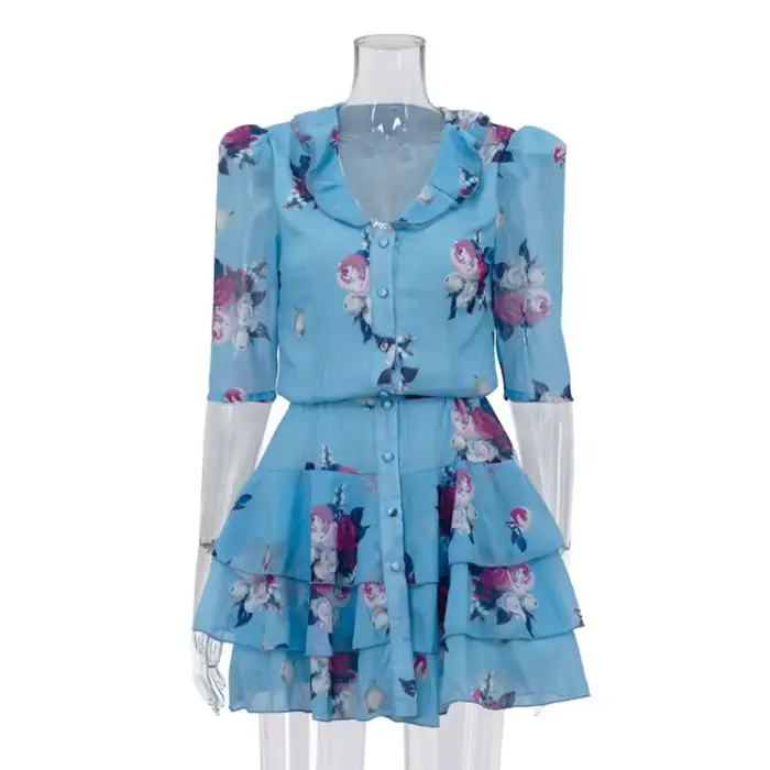 Robe Courte Imprimée Florale Douce pour Femme, Élégante, à Volants, Taille Haute, Étages, Coupe Trap