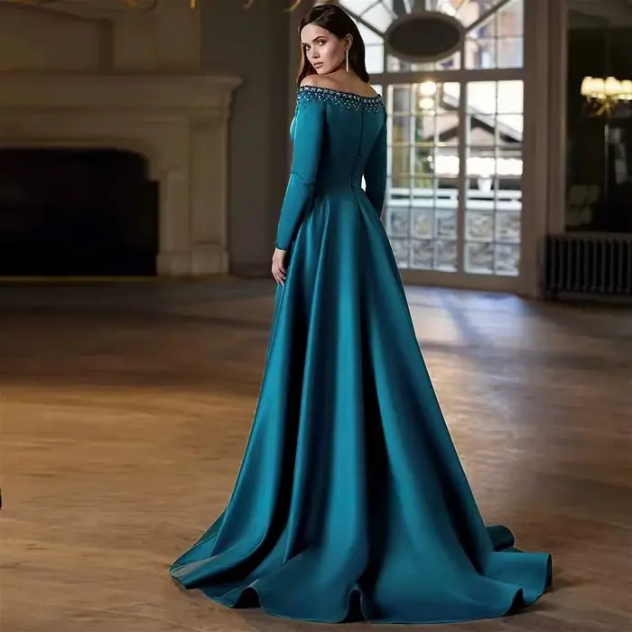 Robe de mère de la mariée en satin personnalisée, coupe trapèze, col en V, perles, soutien-gorge intégré, pour occasions spéciales et événements formels