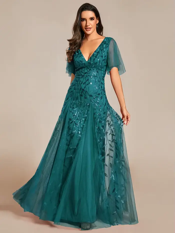 Robe de soirée élégante en gaze turquoise et paillettes avec décolleté en V et manches à volants pour femmes occasions spéciales