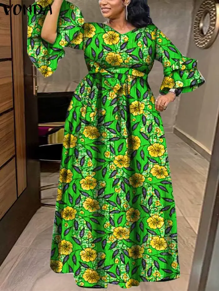 VONDA-Robe maxi à imprimé floral bohème pour femmes, robes sexy, col en V, manches longues, robe à v