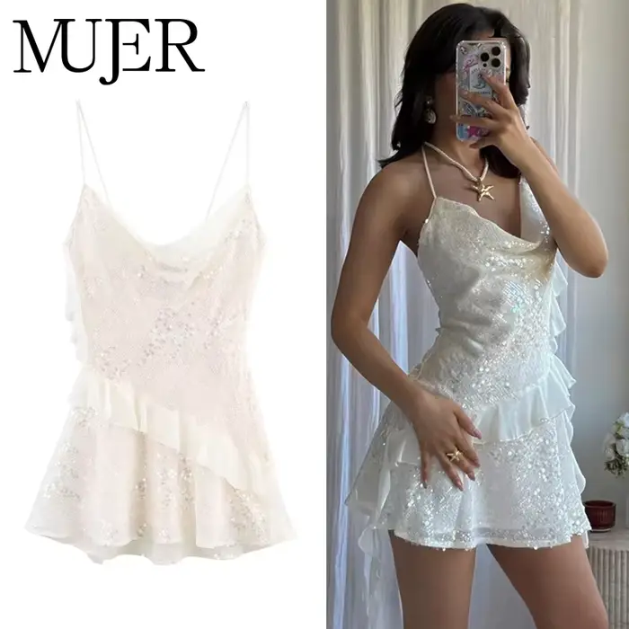 Mini Robe à Paillettes Mujer Camisole Élégante pour Femmes Luxe Dos Nu Été Soirées Plage Robe Courte