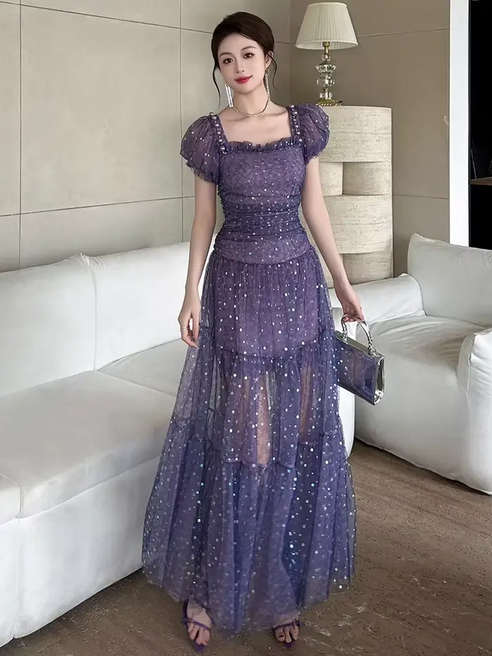Robe de soirée en maille violette pour femme