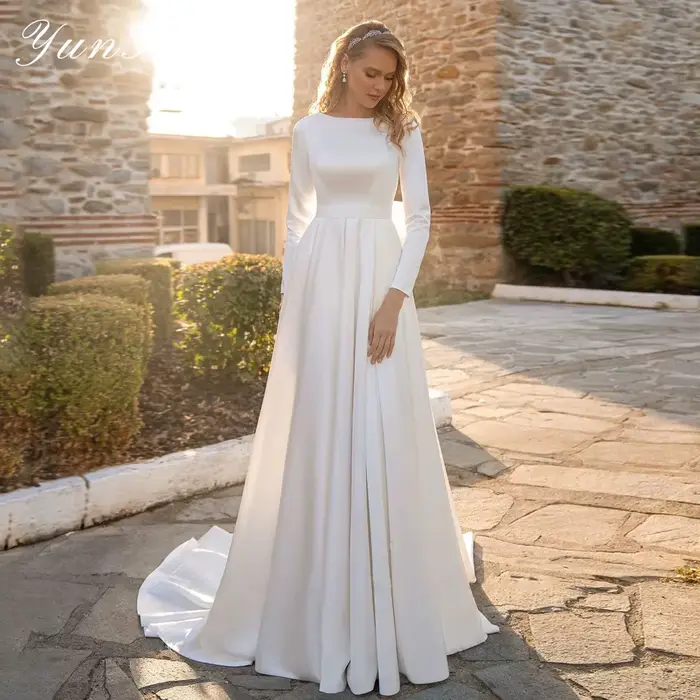 Yunshang-Robe de mariée A-ligne simple personnalisée, robes de patients à plis en satin, col rond, m
