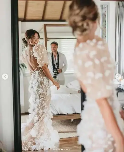 Yanshmigown-Robe de mariée sirène bohème à fleurs, champagne, personnalisée, 2024