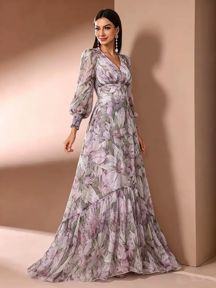 Robe longue florale, style bohème romantique, col en V + manches en dentelle + jupe à volants superp