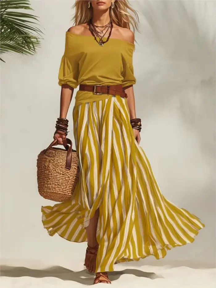 Ensemble deux pièces élégant pour femme haut sexy à épaules dénudées et jupe longue rayée fendue pour les vacances et soirées chic