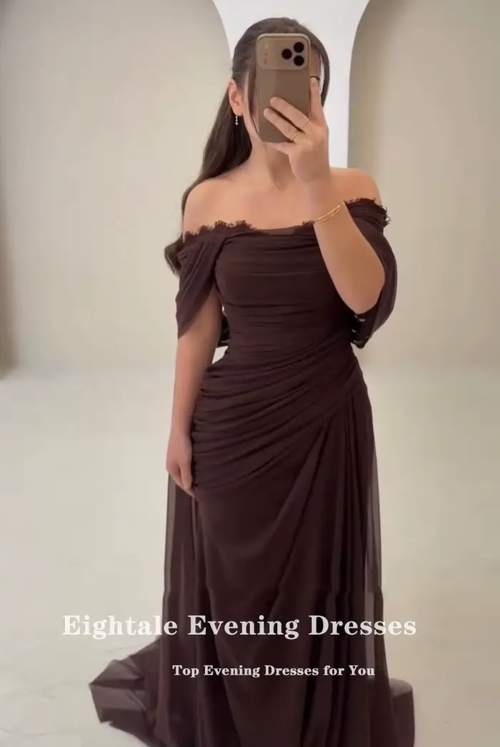 Robe de soirée arabe Eightale en mousseline de soie, plissée sur mesure, décolleté en cuillère, dentelle, silhouette sirène, train de balayage, occassionnelle soirée festive, sans manches, soutien gorge intégré
