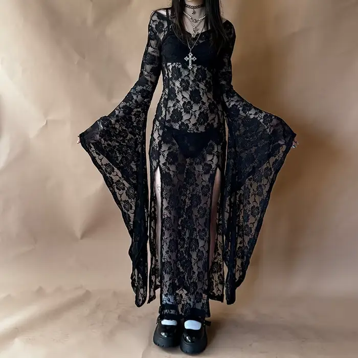 Robe moulante femme style Goth Punk avec dentelle et col en V coupe crayon en polyester et élasthanne pour été