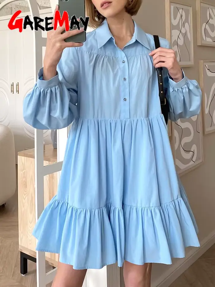 Robe chemise vintage à manches longues pour femmes, bleu, blanc, col rabattu, boutons élégants, printemps été, style décontracté, occassions spéciales