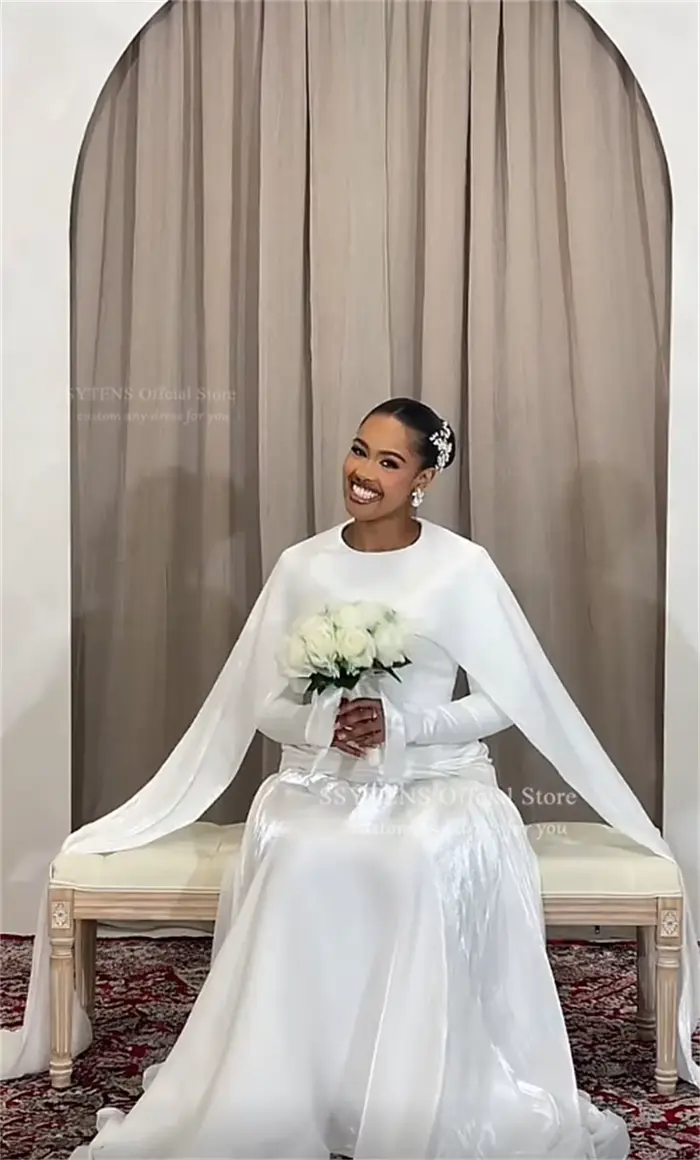 Robes de mariée simples et modestes SSYTENS pour les mariées, col rond, cape, robes de mariée formelles, blanches, robes de mariée longues simples personnalisées
