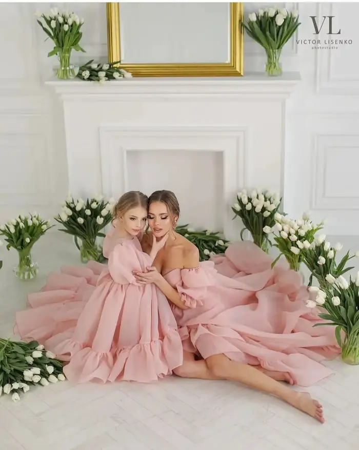 Robe de soirée en organza rose pour mère et fille élégante à volants pour soirées officielles et photoshoots