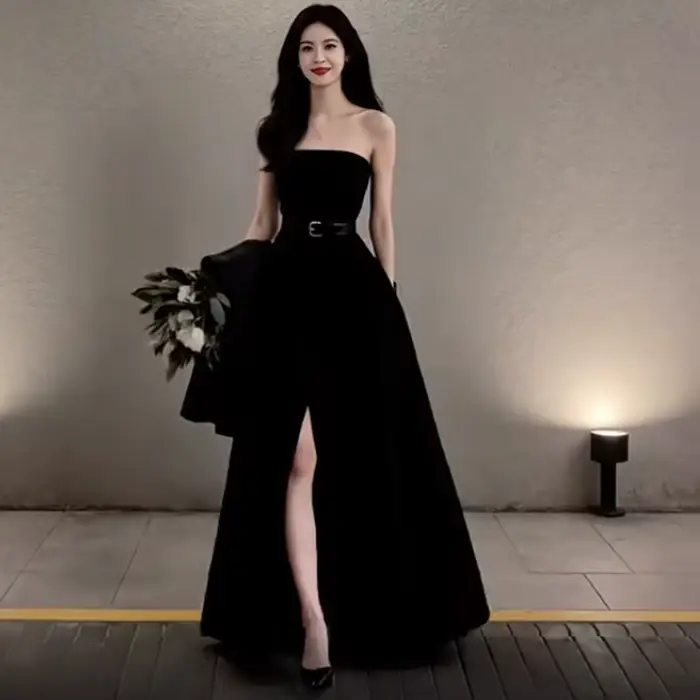 Robe de mariée noire sans bretelles, fente latérale, Simple et à la mode pour les réunions annuelles
