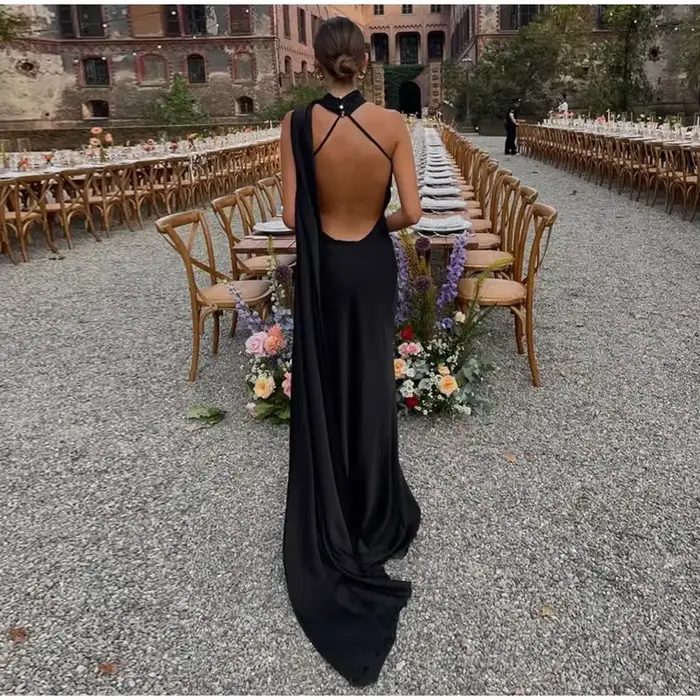 Nouvelle Robe Longue Halter en Ruban de Satin pour Femme