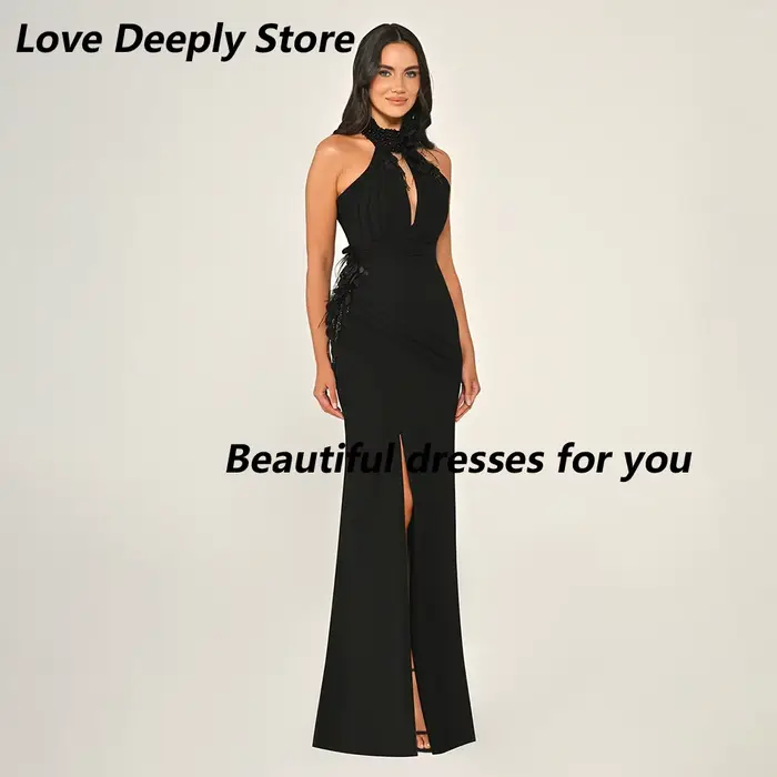 Robe de bal noire pour femmes, avec des appliques de perles hautes, longueur au sol, robes de bal au