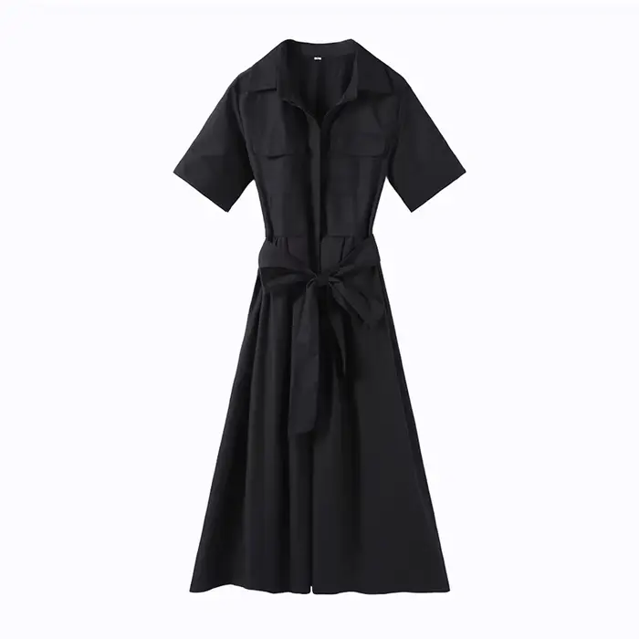 Robe longue élégante noire pour femme avec lacets, manches courtes, poches, ceinture et col rabattu