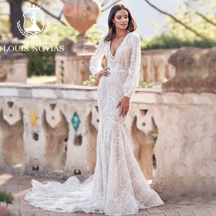 LOUIS NOVIAS robes De mariée sirène pour femmes Champagne col en v dos nu fermeture éclair manches b