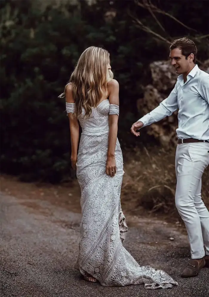 SWEMILE Robes de mariée sirène en dentelle bohème avec manches amovibles