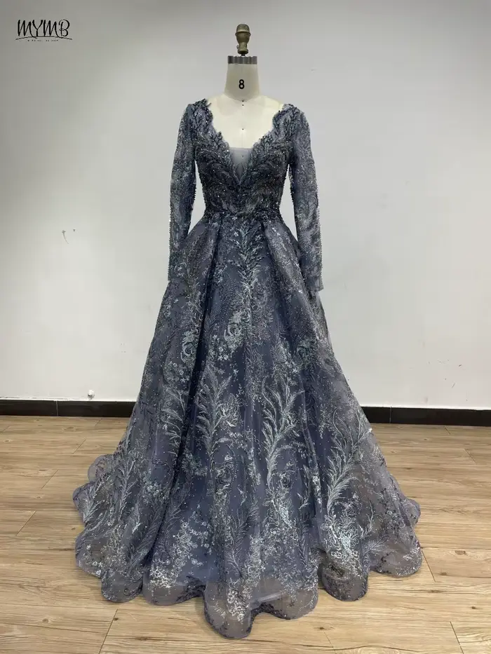 Robe de soirée MYMB en polyester avec décoration en perles et dentelle pour femmes, col en V, ligne A, mariage, fiançailles, soirée élégante, luxe, arabe