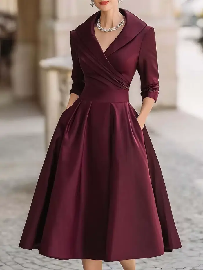 Robe midi élégante pour femme avec col à volants et poches tenue de soirée chic automne polyester couleur beige bleu marine bourgogne fuchsia noir taille S M L' XL XXL