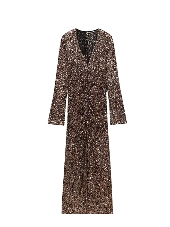 Robe sexy col V en polyester avec paillettes pour femmes, élégante et cintrée, pour occasions spéciales et événements formels