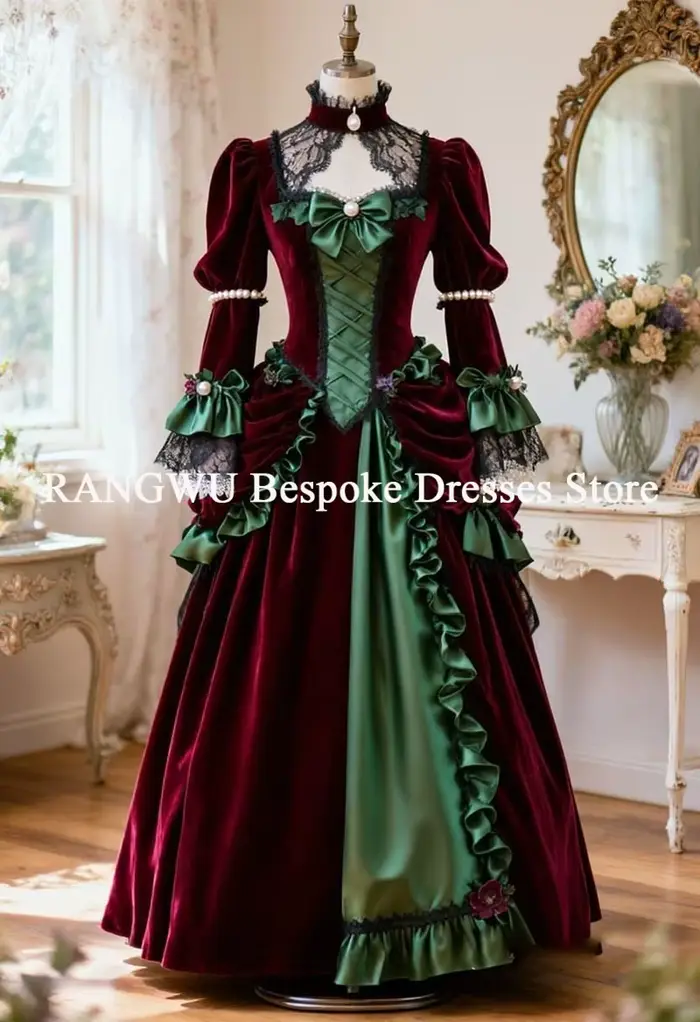 Robes de mariée gothiques victoriennes rouges et vertes 2026 à manches longues, robe de mariée médié