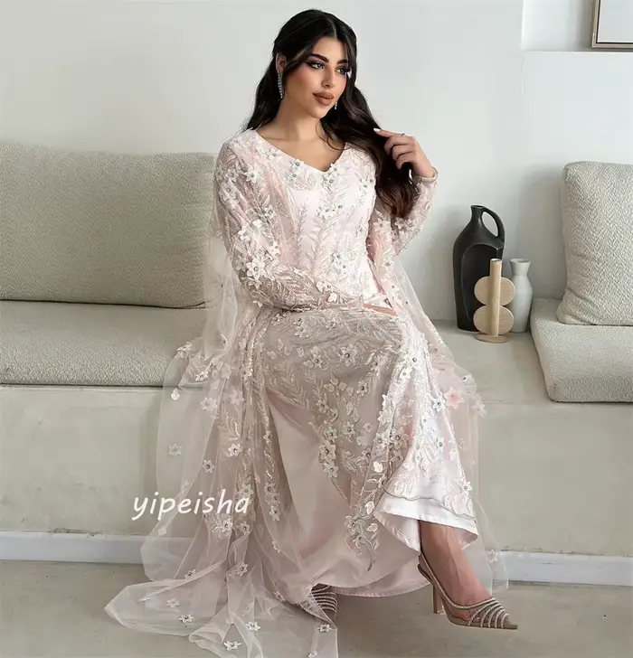 Robe de Fiançailles Mesprit Jersey Personnalisée Col en V Appliques Florales pour Femmes Occasions Spéciales
