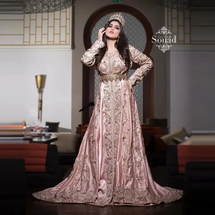Caftan marocain rose robes de soirée musulmanes manches longues Appliques dubaï arabe turquie