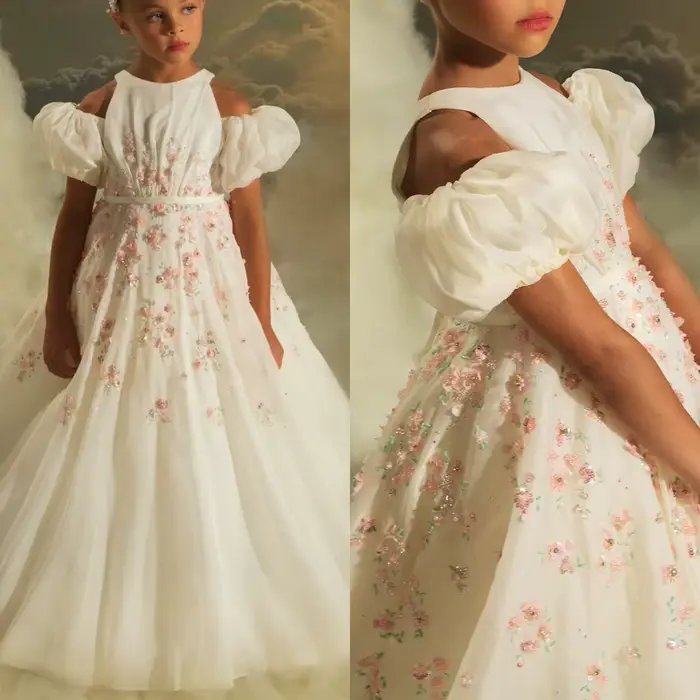 Robes de fille de fleur blanche pour mariage princesse rose robes d'anniversaire de fille florale ro