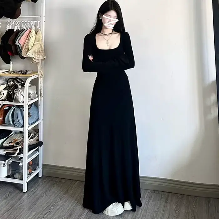 Robe longue noire à manches longues pour femmes, robes Maxi, tempérament amincissant, mode coréenne,