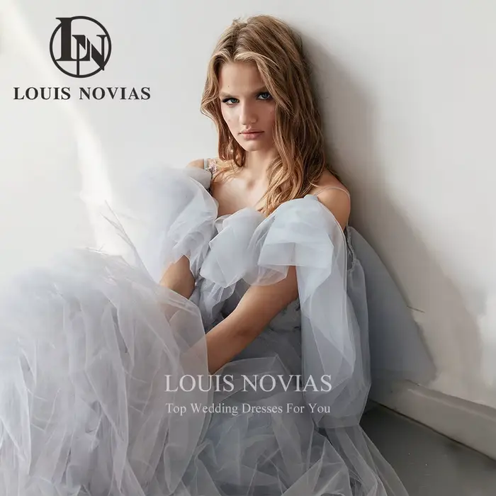 Robe de mariée A-Line en tulle bleu dos nu bretelles spaghetti col en V pour femmes occasions spéciales mariage soirée gala