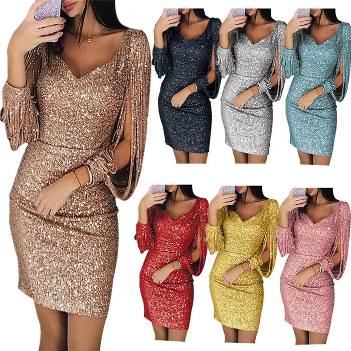 Robe élégante et glamour pour femmes grandes tailles paillettes mini robes sexy col en V pompon soirée officielle cocktail