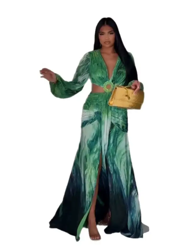 Robe femme 2025 mode été nouveaux robes Para Mujer femmes vacances Style élégant à manches longues fendu imprimé