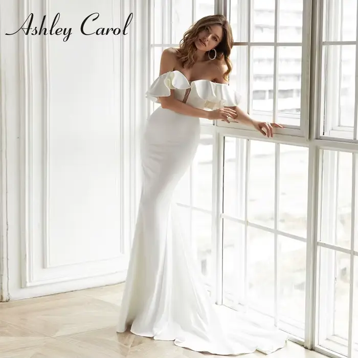 Ashley Carol robe De mariée sirène Satin volants mancherons chérie dentelle dos nu robes De mariée r