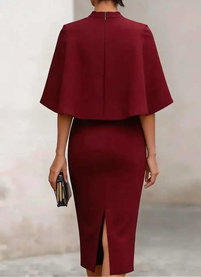 Robe midi élégante à col haut et manches cape ajustée pour femme