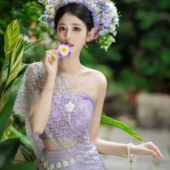 Robe de danse traditionnelle thaïlandaise vintage pour femmes, robe de photographie violette, ensemble de festival sexy pour les vacances