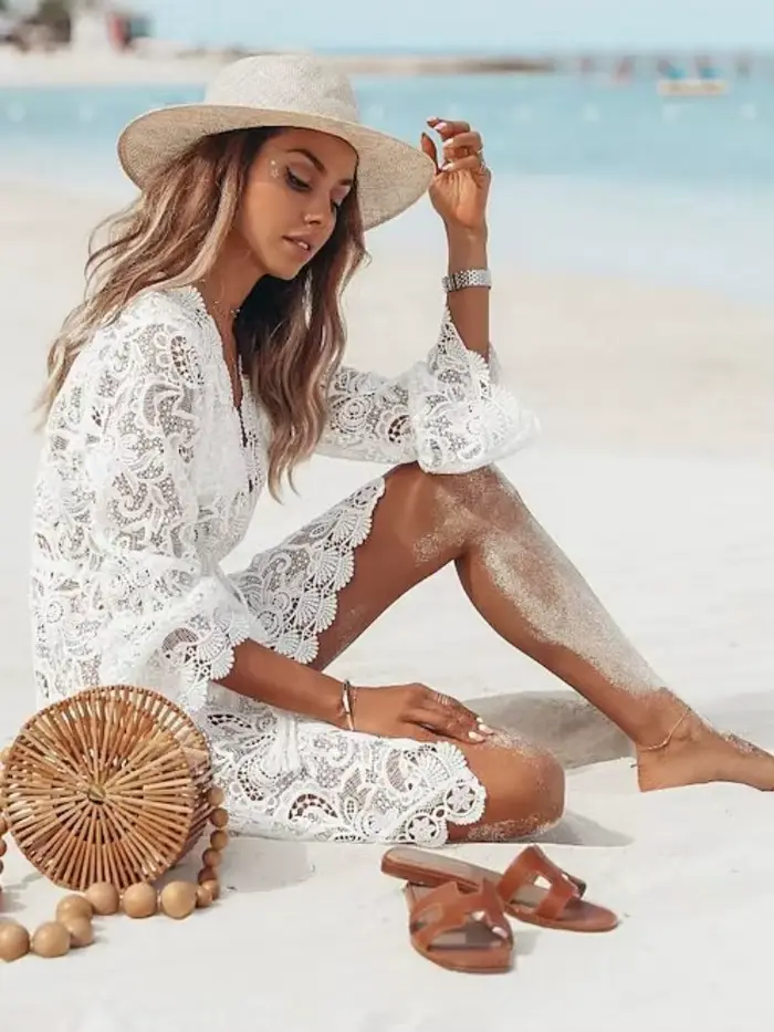 Robe de plage ajourée à manches longues pour femmes élégante et confortable polyester dentelle protection solaire été printemps occassions spéciales vacances fêtes soirée plage