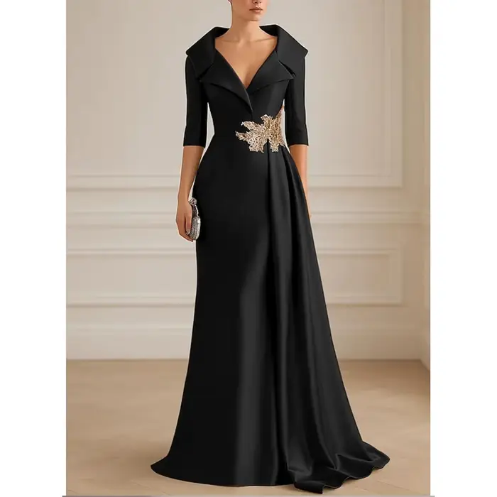 Robe de soirée formelle noire, col chemise, ligne A, longueur au sol, demi-manches, robe de bal plis