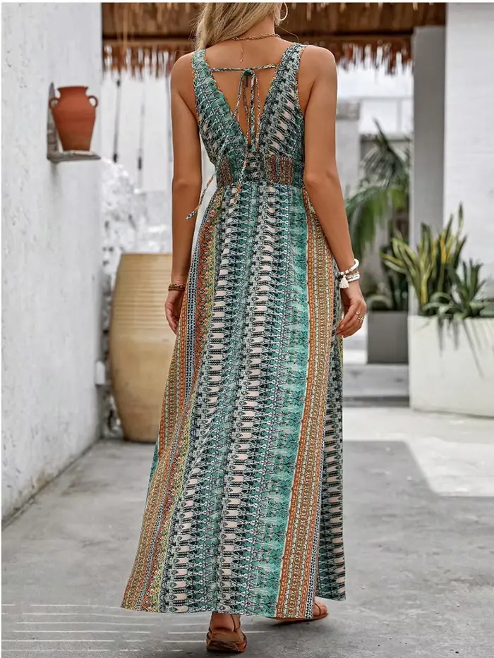 Robe de plage élégante pour femmes imprimée col en V sans manches longueur au sol pour les soirées estivales